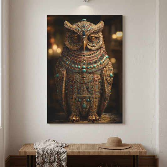 Ancient Egyptian Owl Wall Art – canvas print shown framed in a styled room