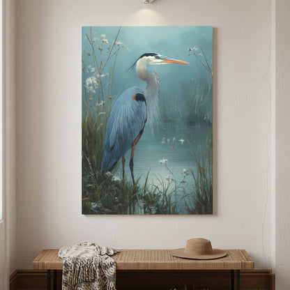 Great Blue Heron Canvas Print – canvas print shown framed in a styled room