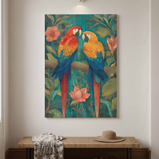 Tropical Macaw Canvas Art – canvas print shown framed in a styled room