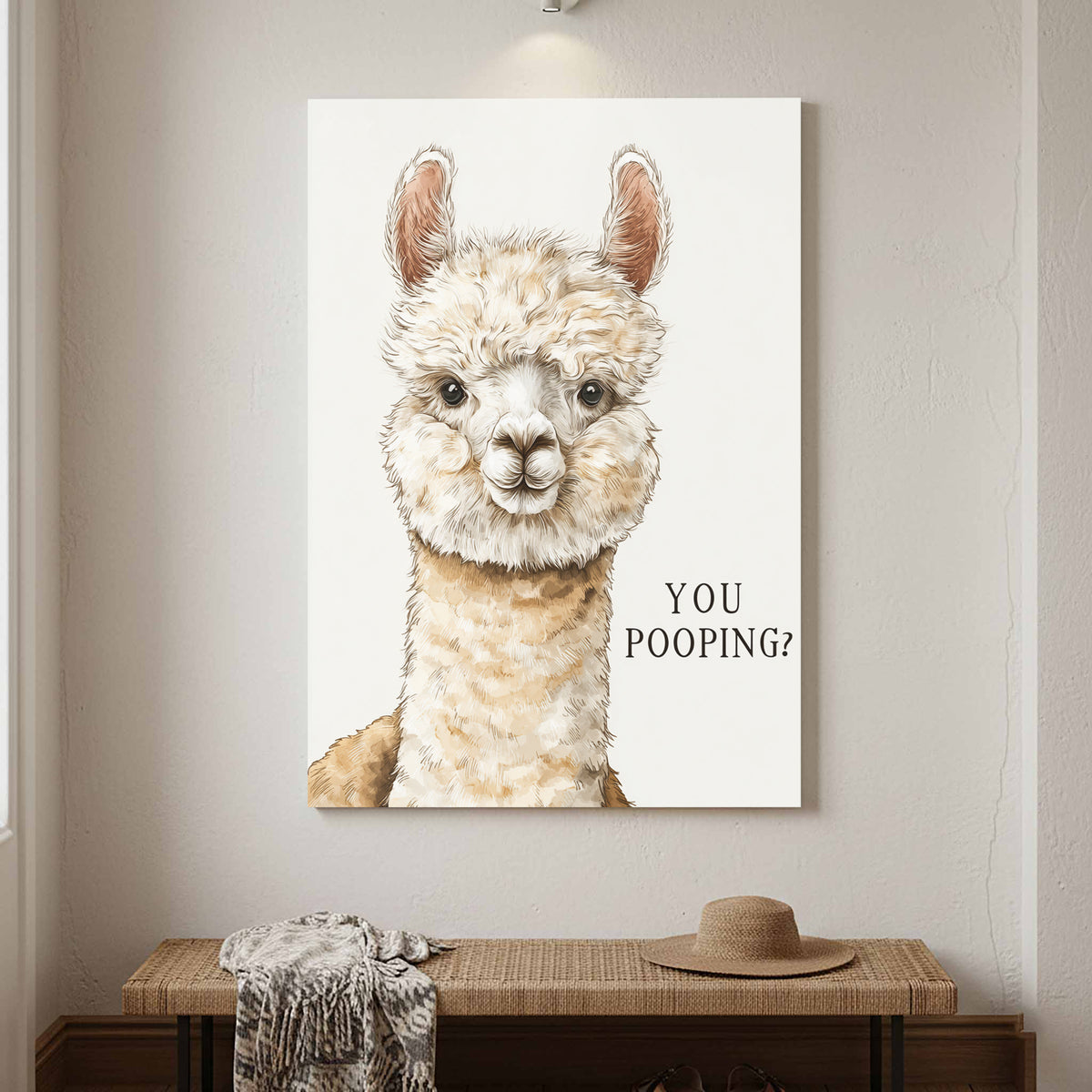 Funny Alpaca Wall Art – canvas print shown framed in a styled room