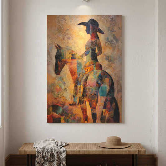 Western Cowgirl Abstract Canvas Art – canvas print shown framed in a styled room