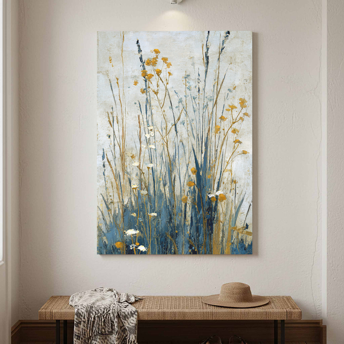 Abstract Botanical Wall Art – canvas print shown framed in a styled room