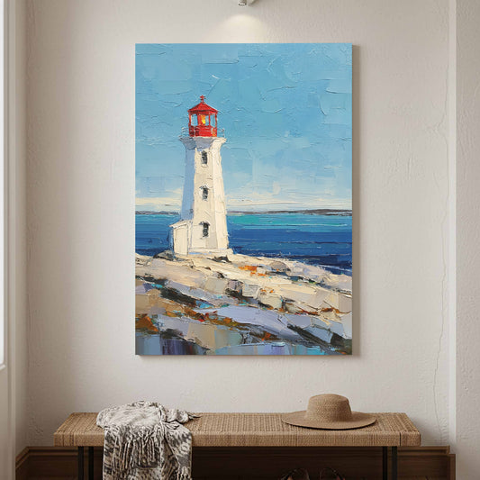 Peggy's Point Lighthouse Canvas Wall Art – canvas print shown framed in a styled room