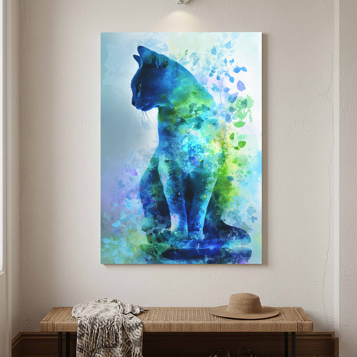 Russian Blue Cat Canvas Print – canvas print shown framed in a styled room