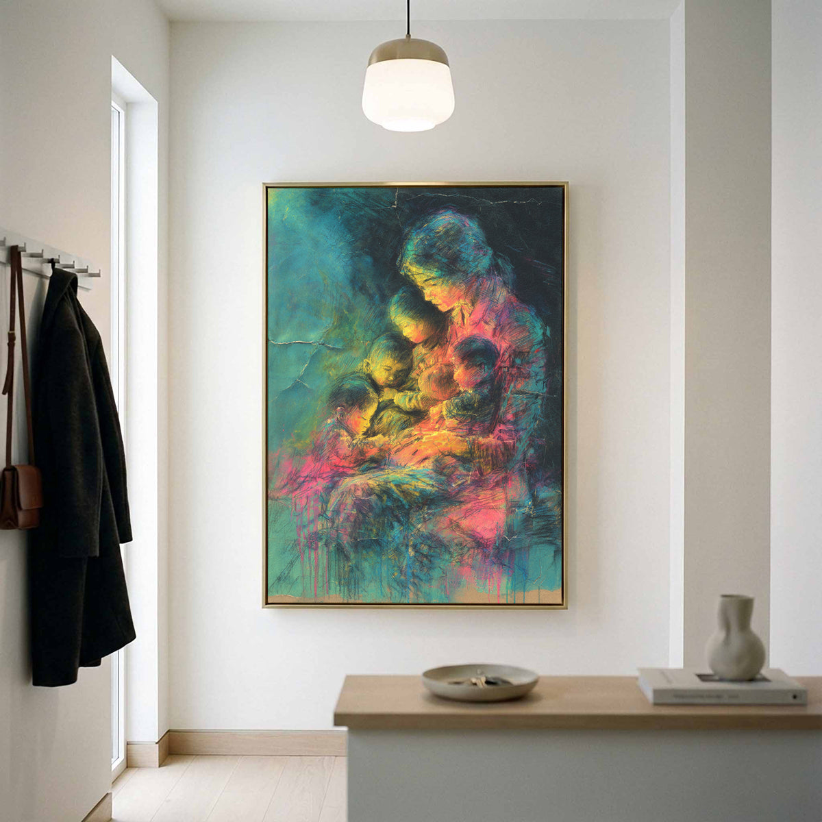 Mother &amp; Children Abstract Canvas Art – canvas print shown framed in a styled room