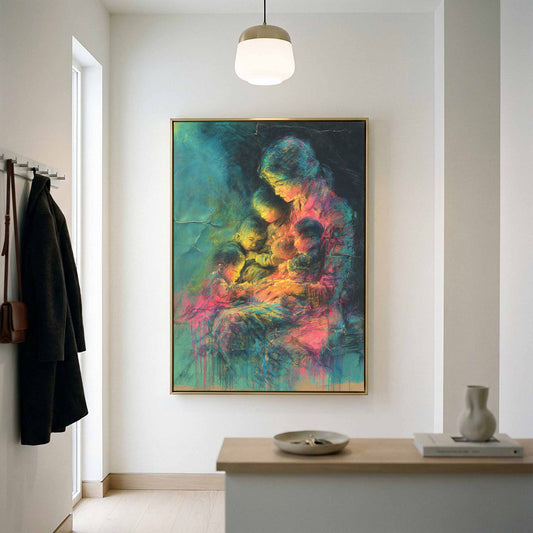 Mother &amp; Children Abstract Canvas Art – canvas print shown framed in a styled room