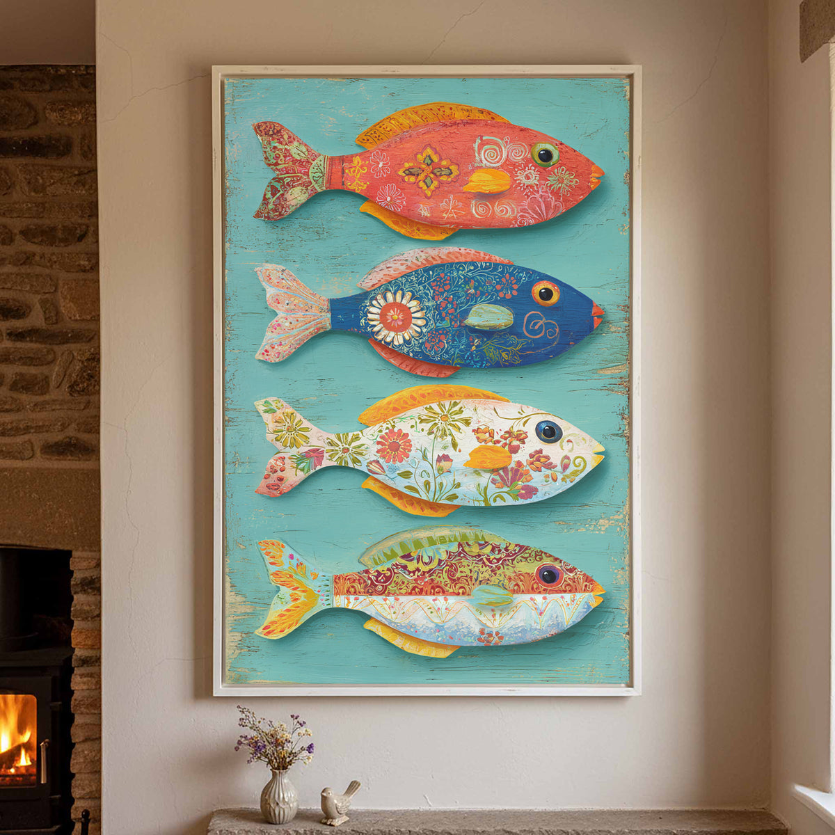 Colorful Folk Art Fish Wall Print – styled room view 2