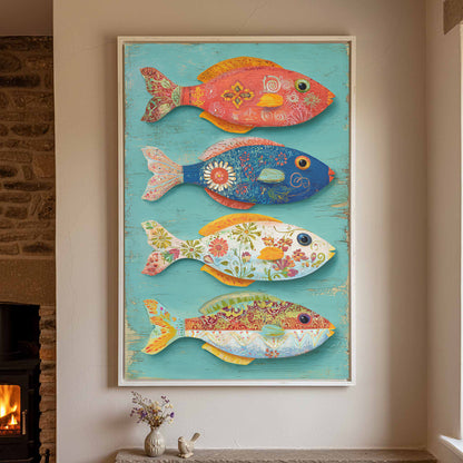 Colorful Folk Art Fish Wall Print – styled room view 2