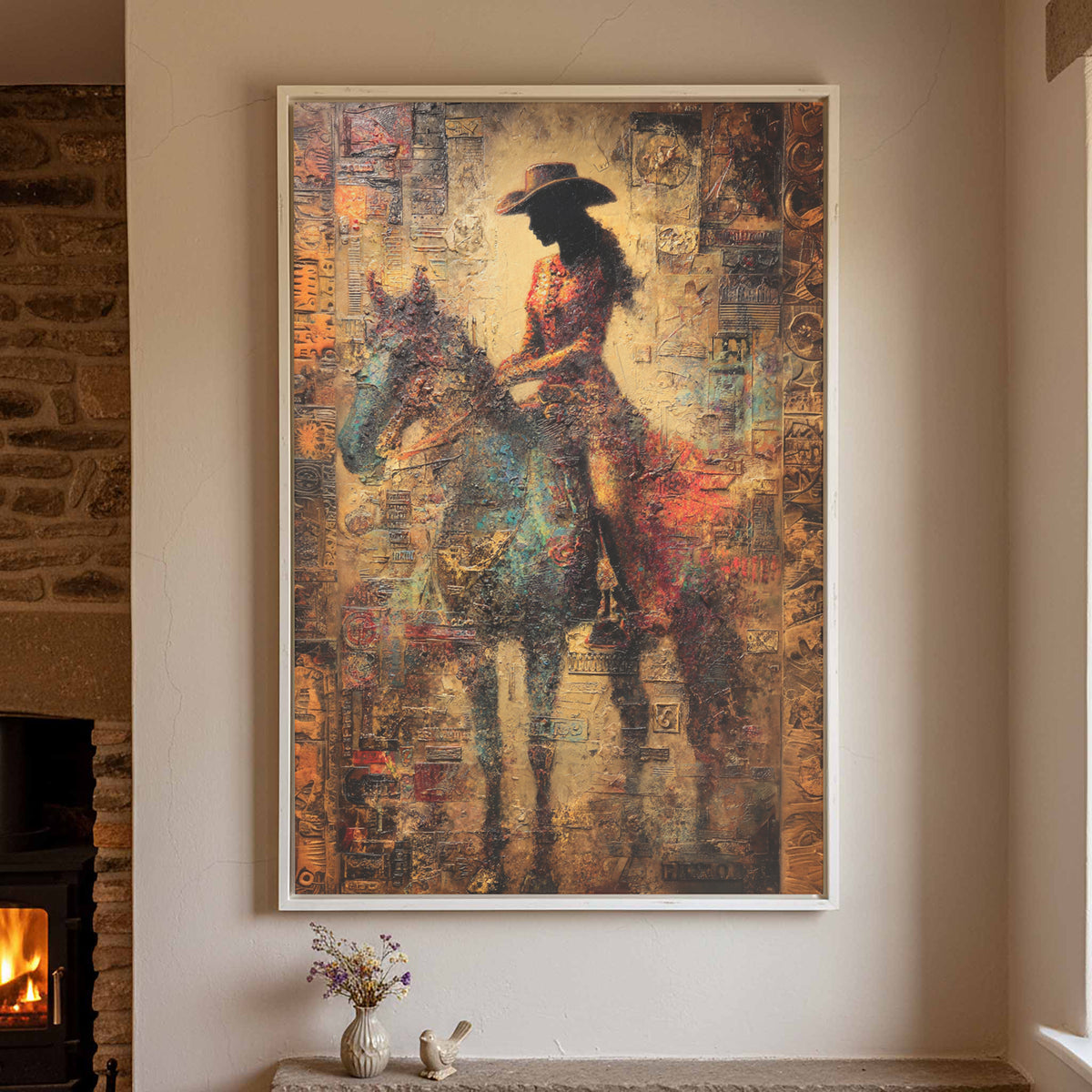 Western Cowgirl Abstract Canvas Wall Art – styled room view 2