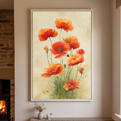 Red Poppy Watercolor Canvas Art – styled room view 2