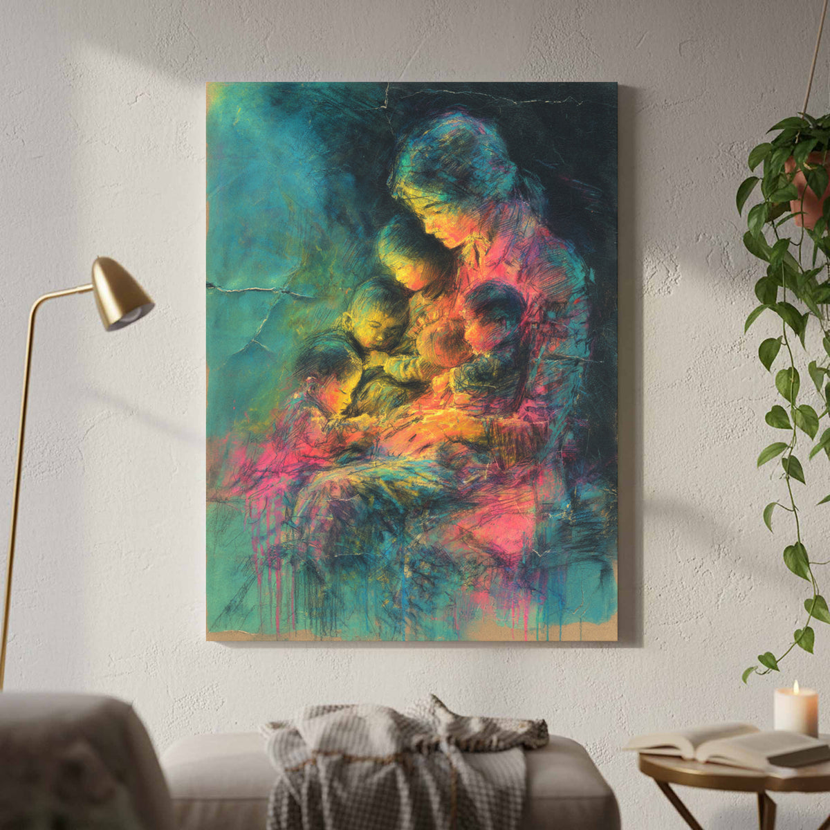 Mother &amp; Children Abstract Canvas Art – styled room view 2