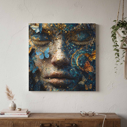 Mosaic Portrait Canvas Art – canvas print shown framed in a styled room