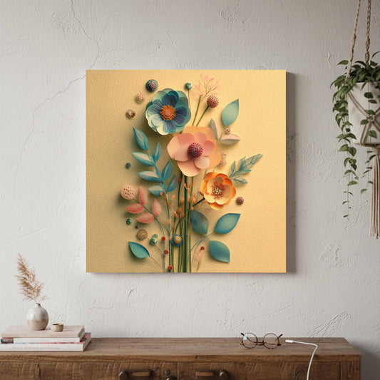 Paper Flower Wall Art – canvas print shown framed in a styled room