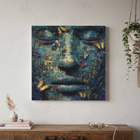 Abstract Digital Portrait Canvas – canvas print shown framed in a styled room