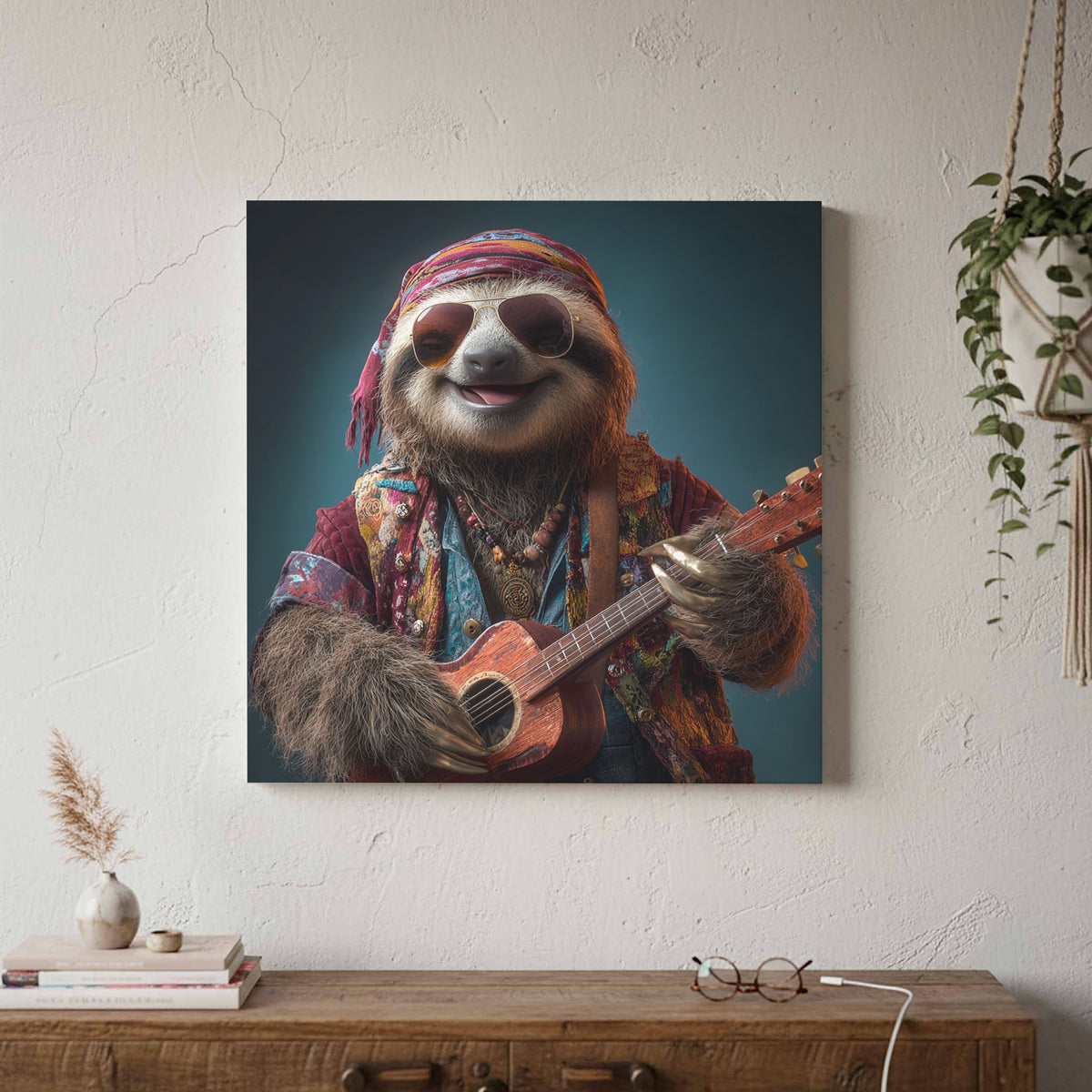 Hippie Sloth Guitar Canvas Art – canvas print shown framed in a styled room