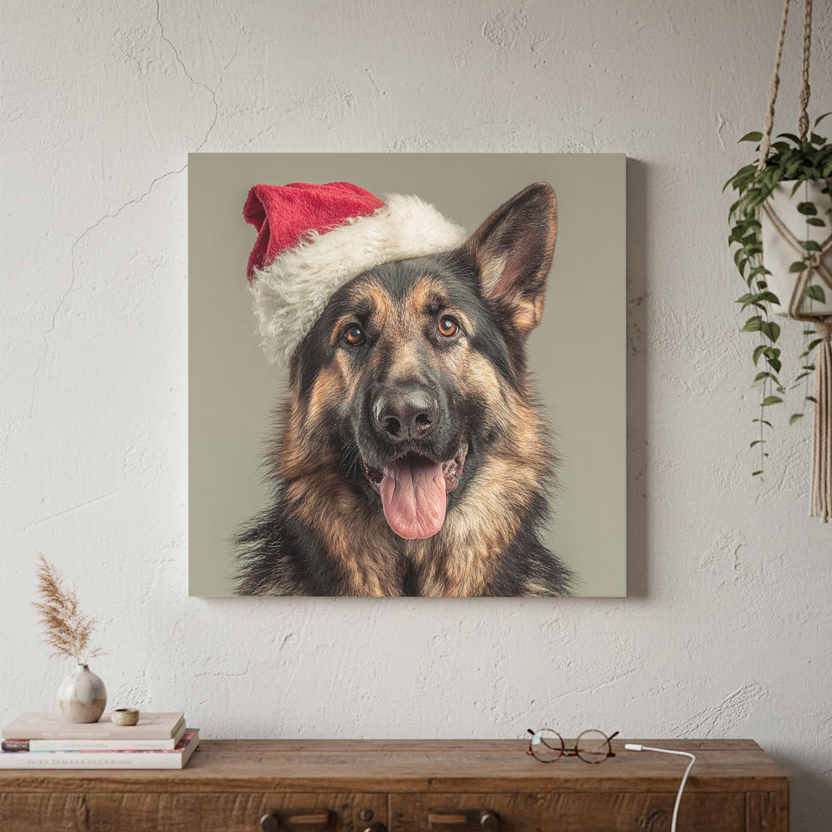 German Shepherd Santa Hat Canvas Print – styled room view 3