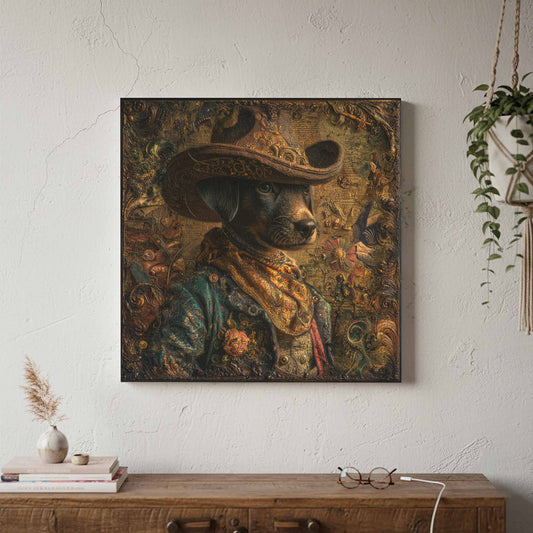 Western Steampunk Puppy Canvas Print – canvas print shown framed in a styled room