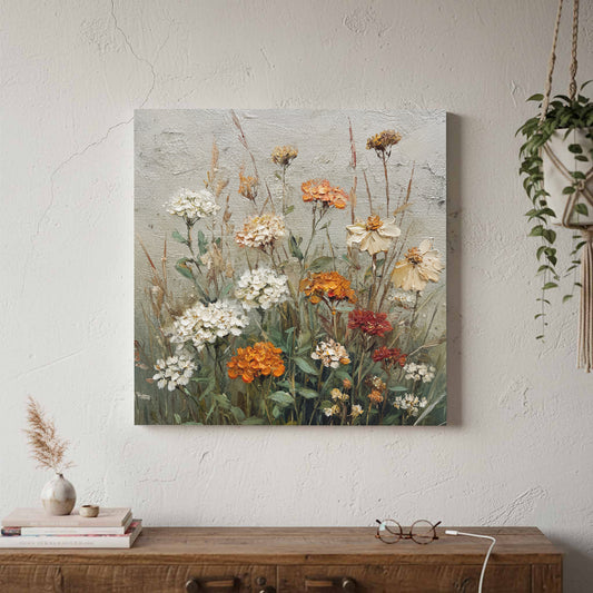 Vintage Wildflower Oil Painting Canvas Print – canvas print shown framed in a styled room