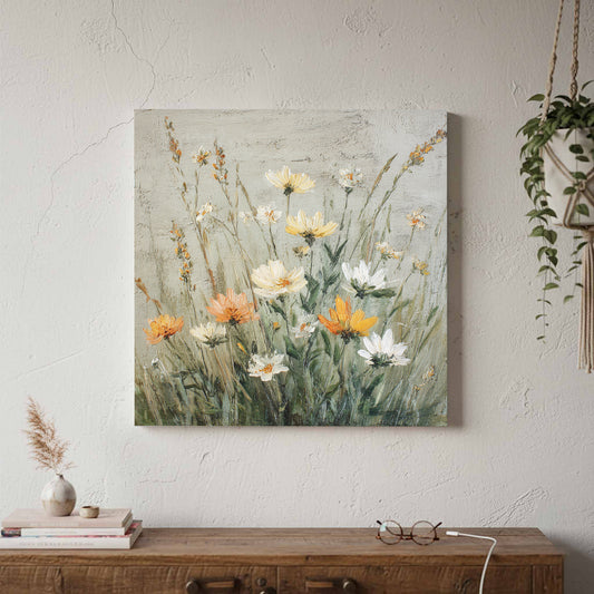 Vintage Wildflower Oil Painting Canvas Art – canvas print shown framed in a styled room
