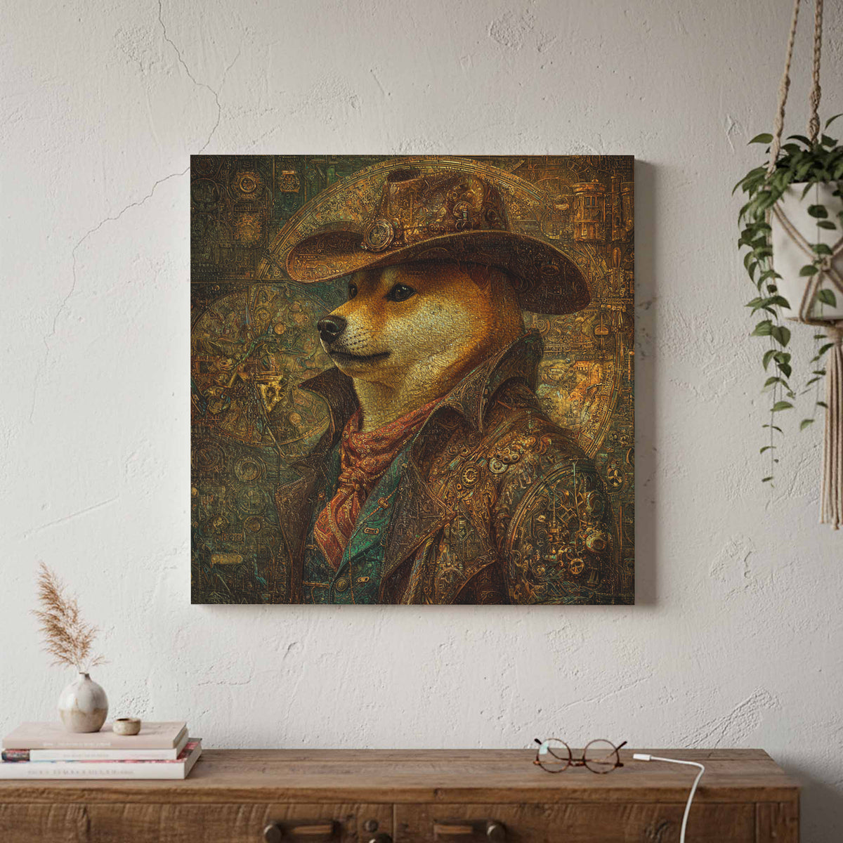 Steampunk Shiba Inu Western Canvas Art – styled room view 2