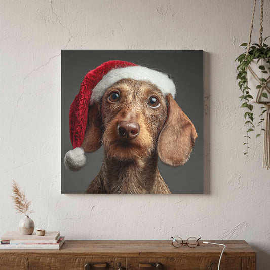 Dachshund Santa Hat Canvas Print – canvas print shown framed in a styled room