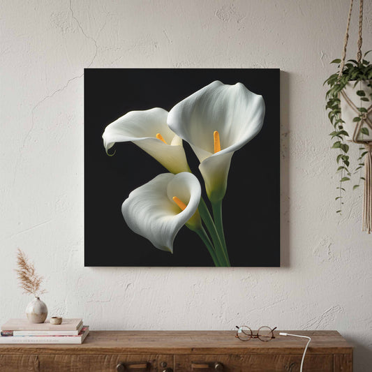 White Calla Lily Canvas Print – canvas print shown framed in a styled room