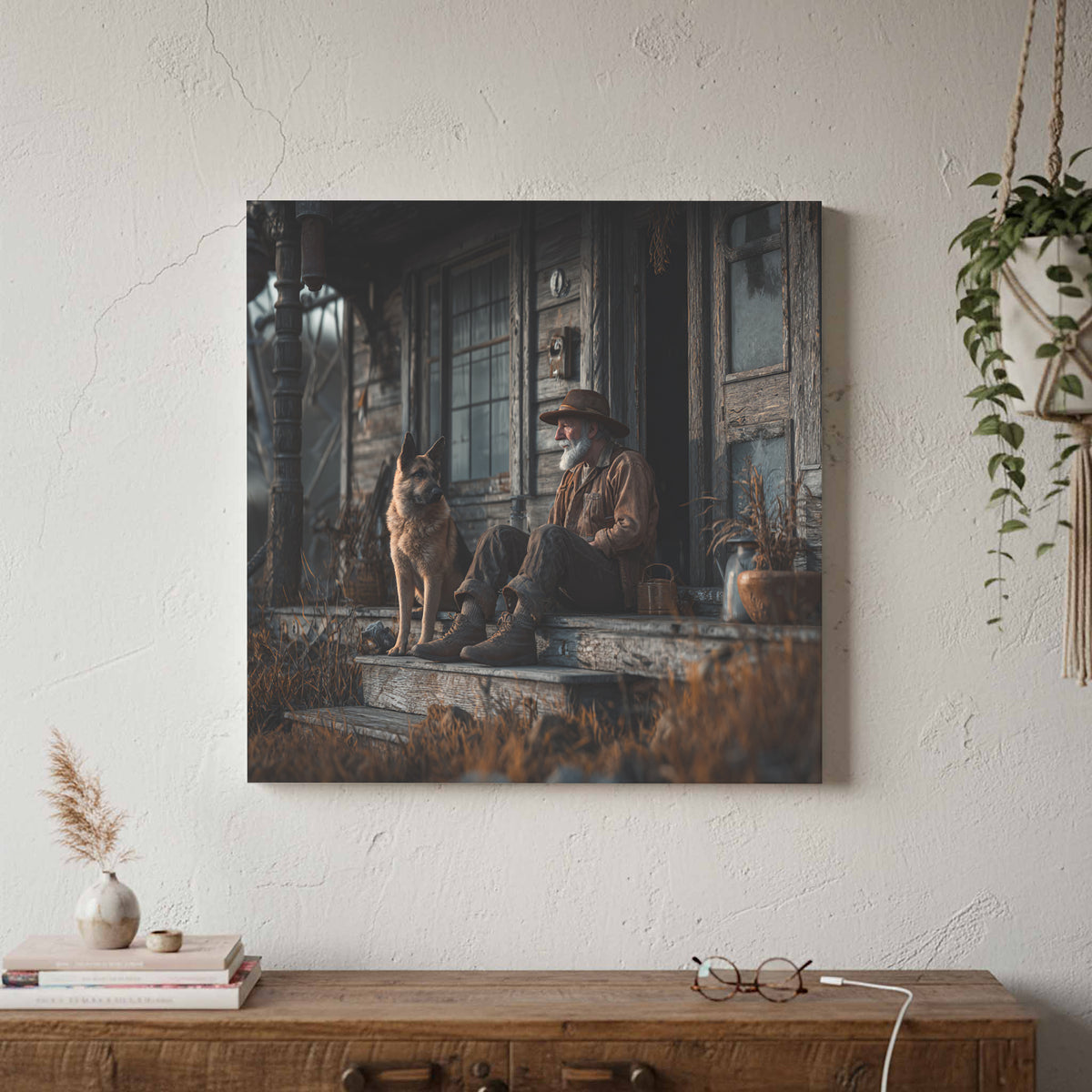 Old Man and Dog Porch Canvas Print – styled room view 3