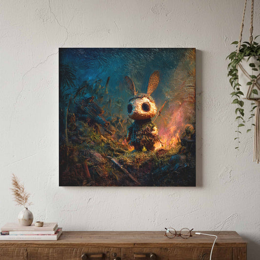 Rabbit War Fantasy Art Print – canvas print shown framed in a styled room