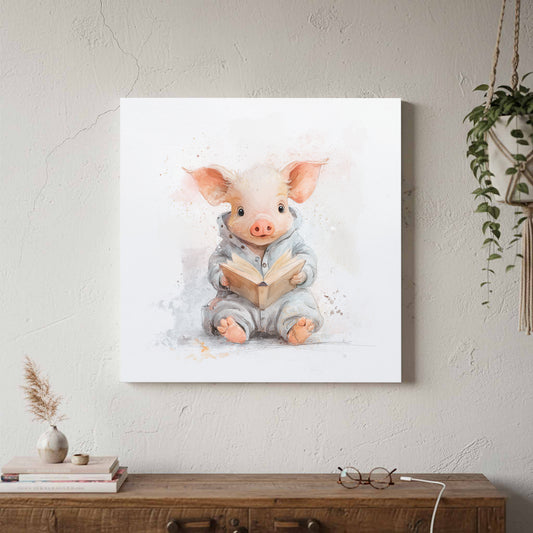 Baby Pig Reading Book Wall Art – canvas print shown framed in a styled room