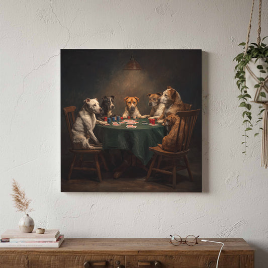 Dogs Playing Poker Canvas Wall Art – canvas print shown framed in a styled room