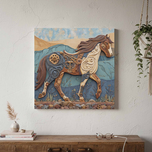Western Horse Wood Carving Art Print – canvas print shown framed in a styled room