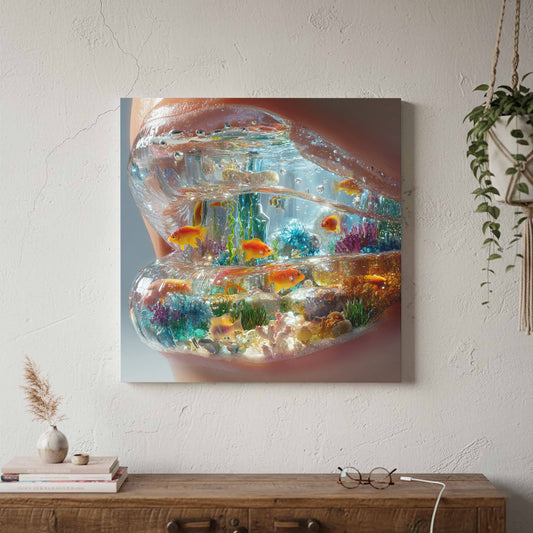 Surreal Mouth Aquarium Canvas Art – canvas print shown framed in a styled room
