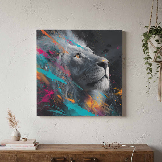 Modern Lion Portrait Canvas Wall Art – canvas print shown framed in a styled room