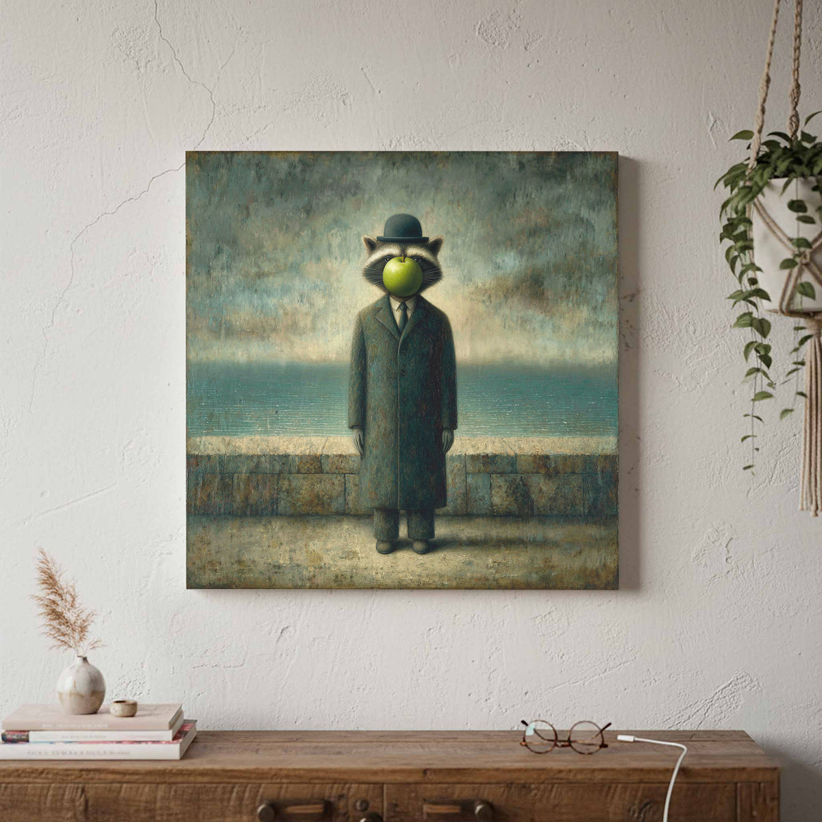 Surreal Raccoon Canvas Art – styled room view 2