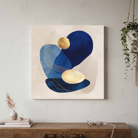 Abstract Blue Gold Wall Art – canvas print shown framed in a styled room