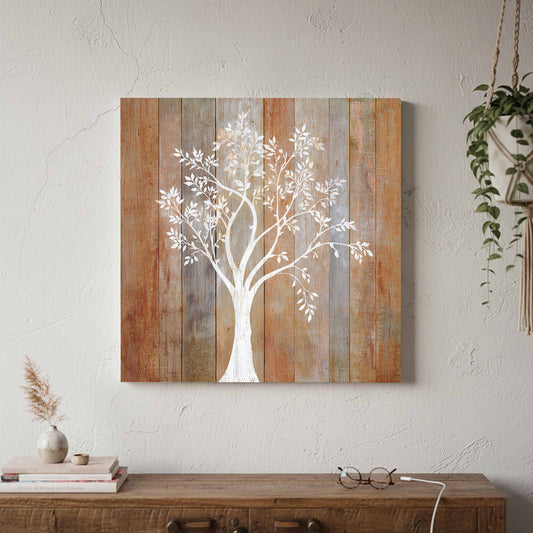 White Tree Silhouette Canvas Wall Art – canvas print shown framed in a styled room