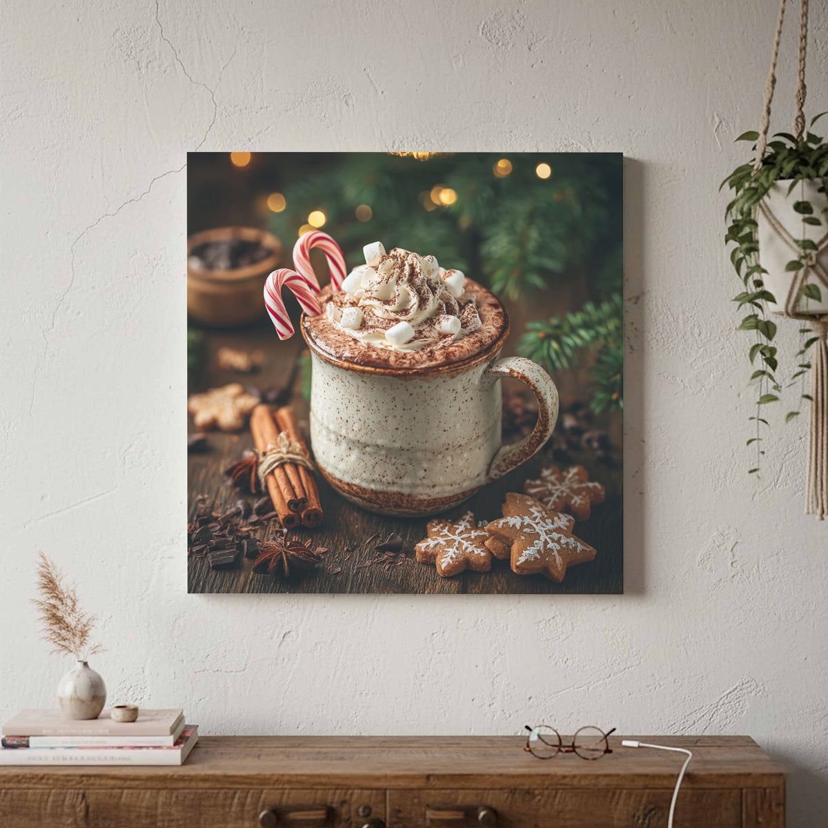 Christmas Hot Cocoa Canvas Wall Art – canvas print shown framed in a styled room