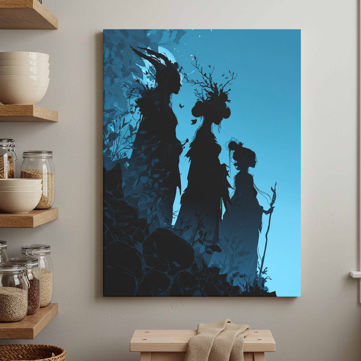 The Fates Silhouette Canvas Art – styled room view 2