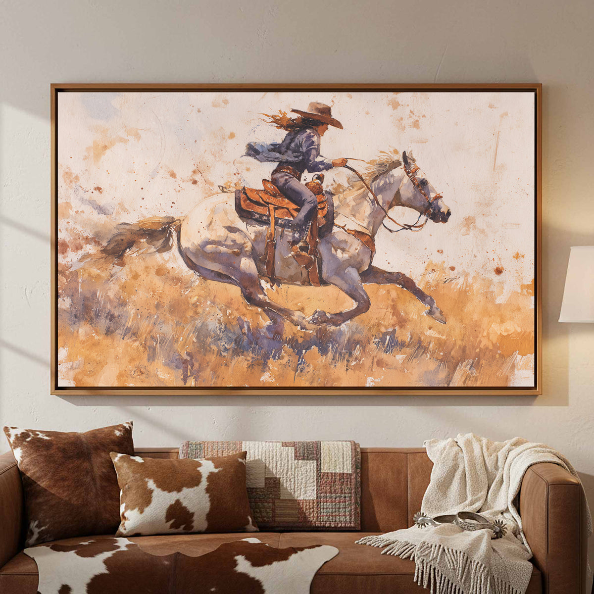 Western Cowgirl Watercolor Canvas Wall Art – canvas print shown framed in a styled room