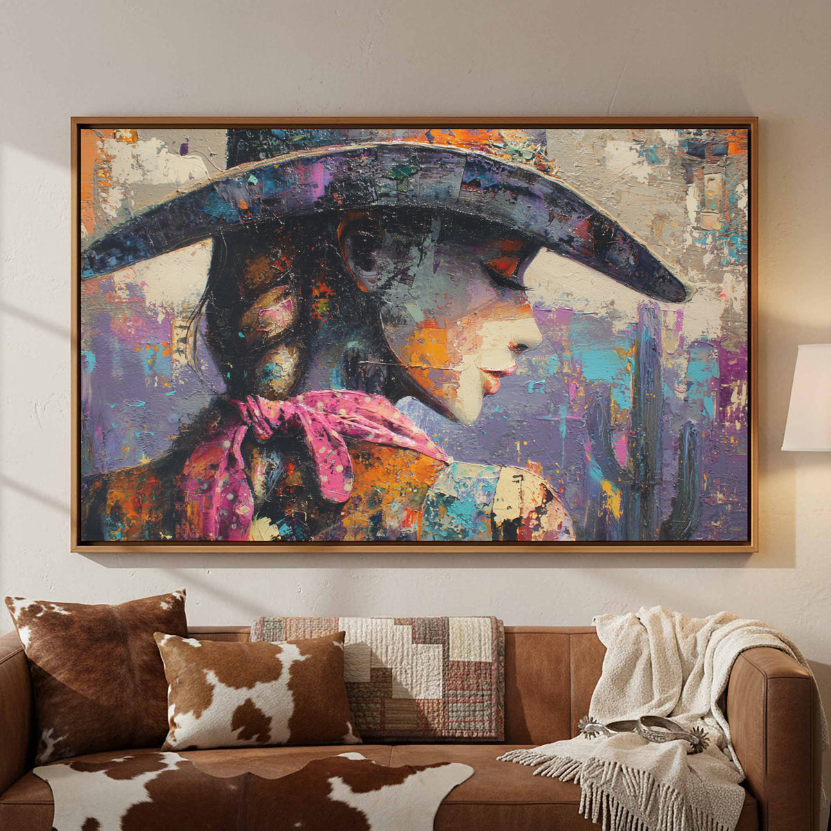 Abstract Western Cowgirl Canvas Print – canvas print shown framed in a styled room
