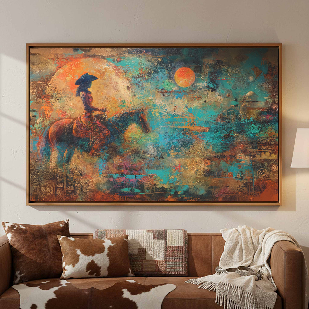 Western Cowgirl Witch Abstract Canvas Art – styled room view 2