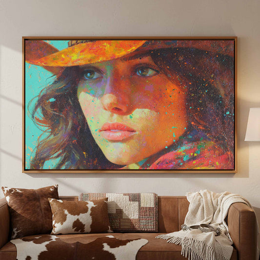 Cowboy Hat Woman Portrait Canvas – canvas print shown framed in a styled room