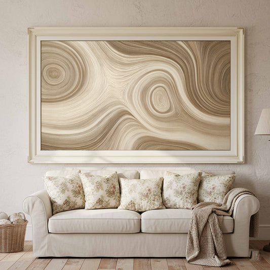 Abstract Wood Grain Canvas Art – canvas print shown framed in a styled room
