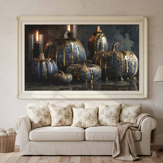 Black Gold Pumpkin Canvas Print – canvas print shown framed in a styled room