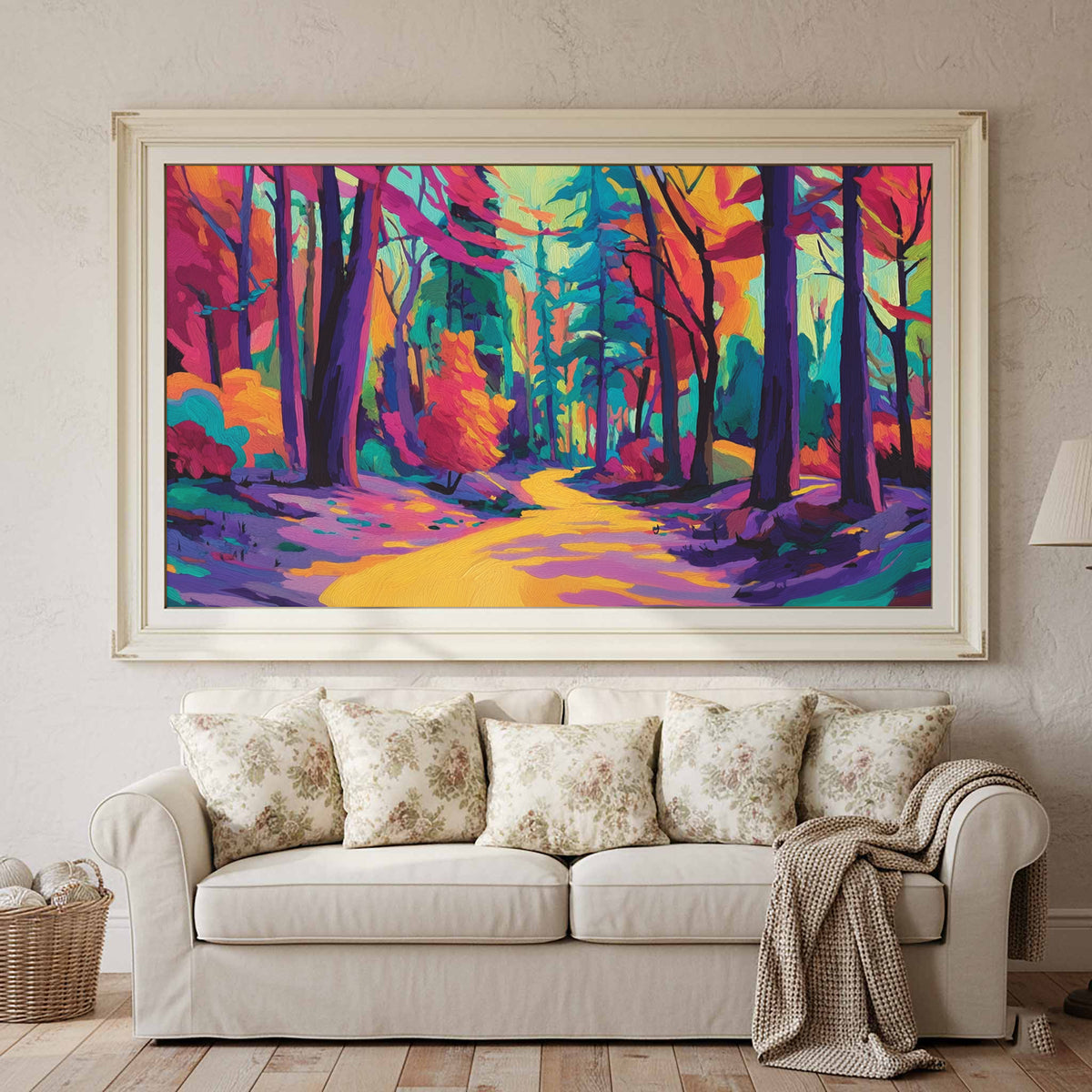Colorful Forest Path Canvas Art – styled room view 3