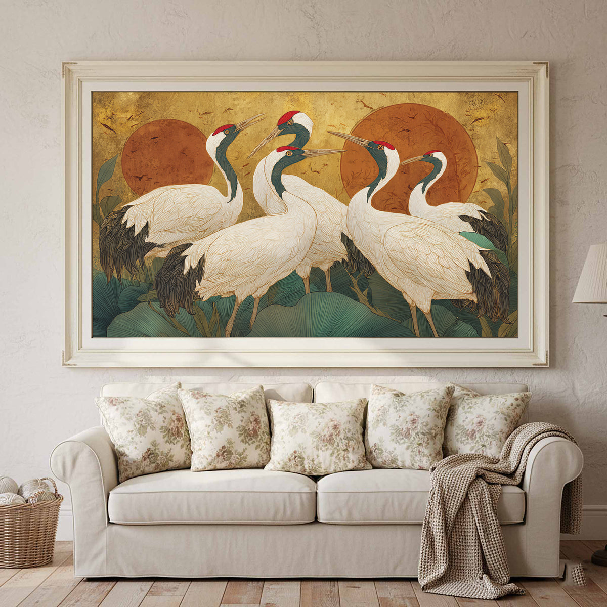 Elegant Crane Art Print – canvas print shown framed in a styled room