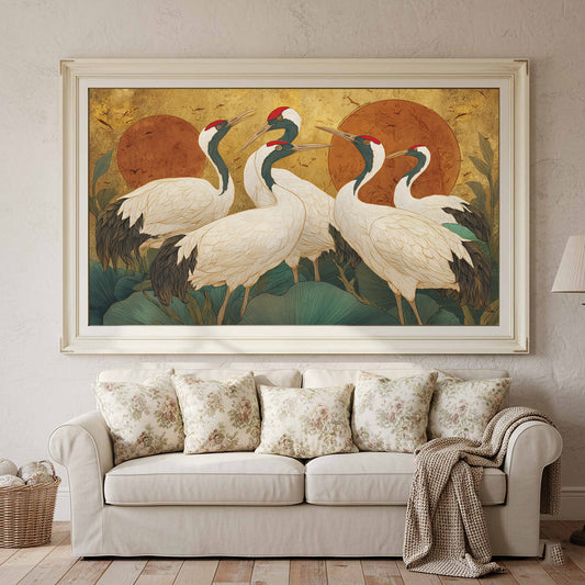 Elegant Crane Art Print – canvas print shown framed in a styled room