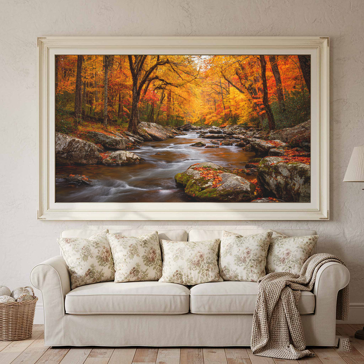 Autumn Forest Stream Canvas Wall Art – styled room view 2