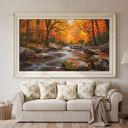 Autumn Forest Stream Canvas Wall Art – styled room view 2