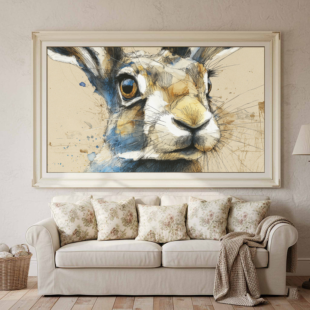 Watercolor Rabbit Portrait Canvas Print – canvas print shown framed in a styled room